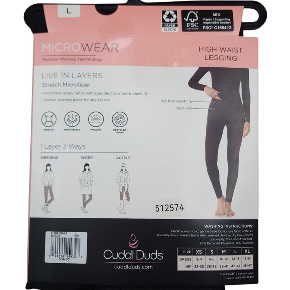 Cuddl Duds Womens High Waist Leggings L Microfiber Stretch Warm Layers Black - Picture 4 of 9